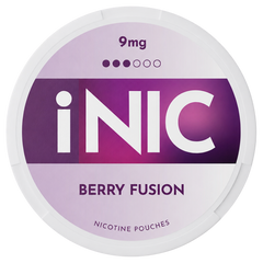A round white plastic container of iNIC Berry Fusion nicotine pouches, 9mg strength, featuring a purple and lavender label with white branding.