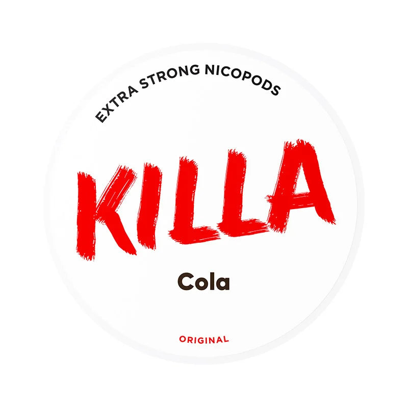KILLA Cola pouch label with bold red text and minimal white background
