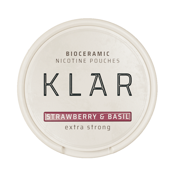 Bioceramic nicotine pouches container with 'KLAR' branding on a white background