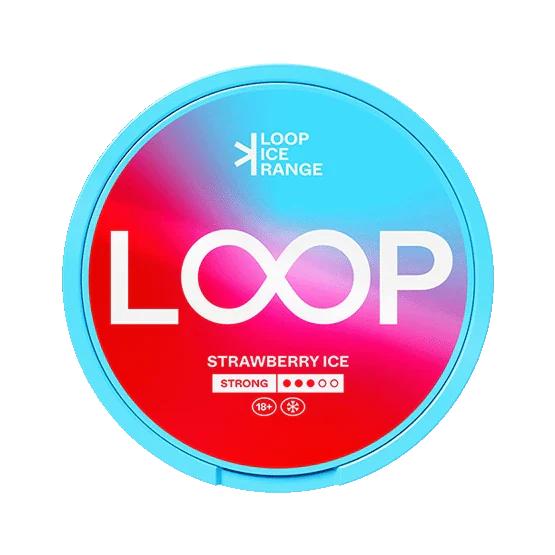 Circular container of Loop Strawberry Ice with blue and red design on a white background