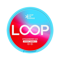 Circular container of Loop Strawberry Ice with blue and red design on a white background