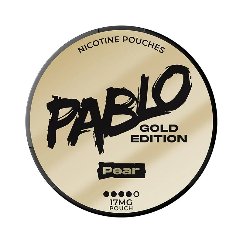 Pablo Gold Edition nicotine pouches container with 'Pear' branding on a beige background