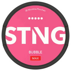 Pink container of STING bubble gum with black border