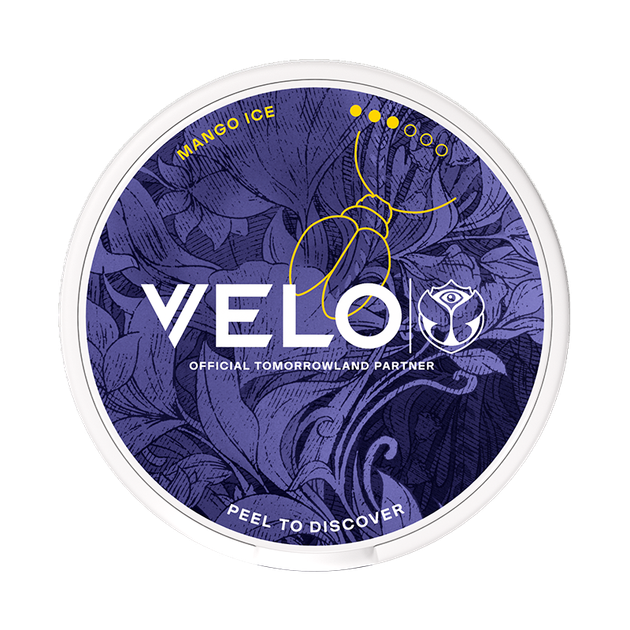 VELO product packaging with floral design and 'Mango Ice' text on a white background
