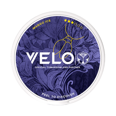 VELO product packaging with floral design and 'Mango Ice' text on a white background