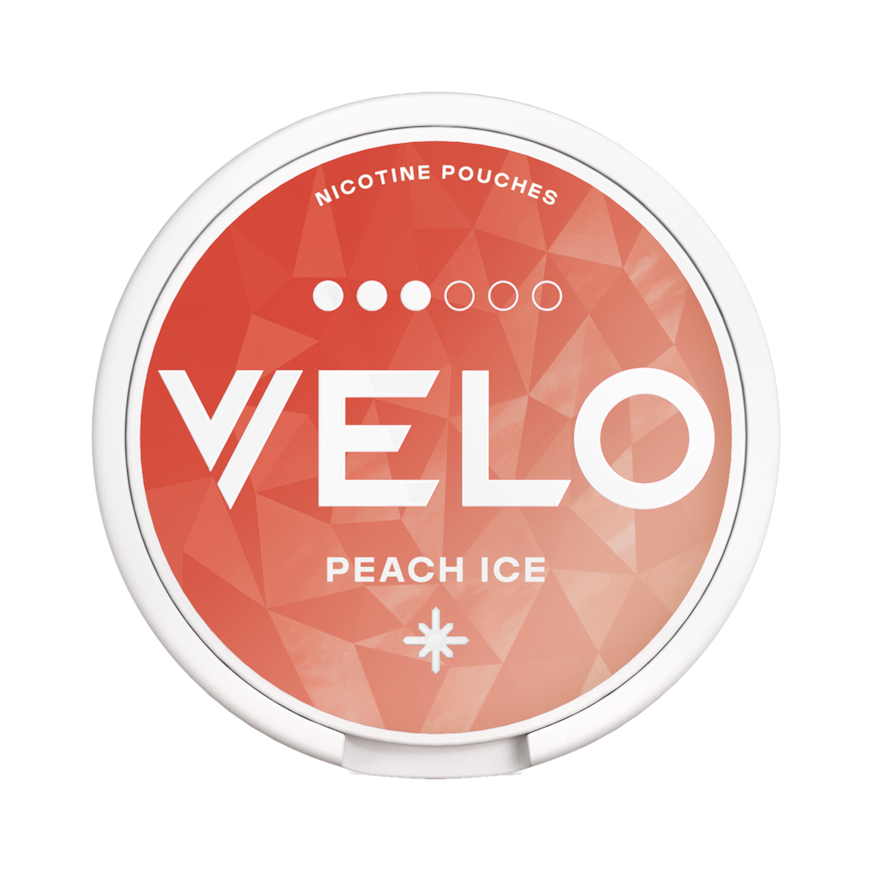VELO nicotine pouch container with peach ice flavor on a white background