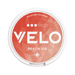VELO nicotine pouch container with peach ice flavor on a white background