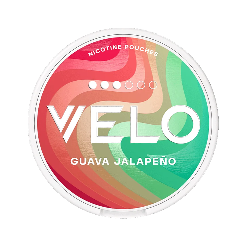 Colorful nicotine pouch container with 'VELO' branding on a white background