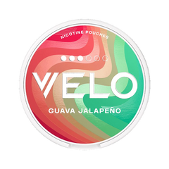 Colorful nicotine pouch container with 'VELO' branding on a white background