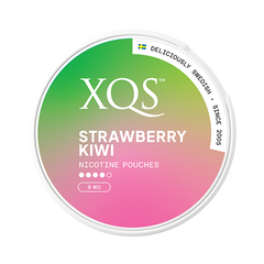 XQS Strawberry Kiwi nicotine pouches container with gradient green to pink design on a white background